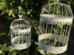 Birdcages set, small + large round, metal, white.